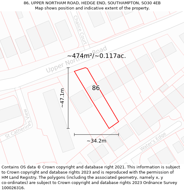 86, UPPER NORTHAM ROAD, HEDGE END, SOUTHAMPTON, SO30 4EB: Plot and title map