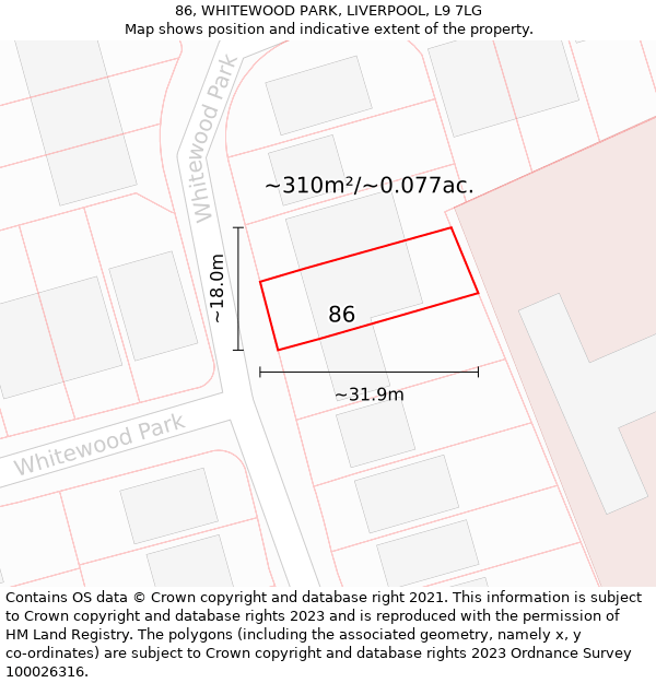 86, WHITEWOOD PARK, LIVERPOOL, L9 7LG: Plot and title map