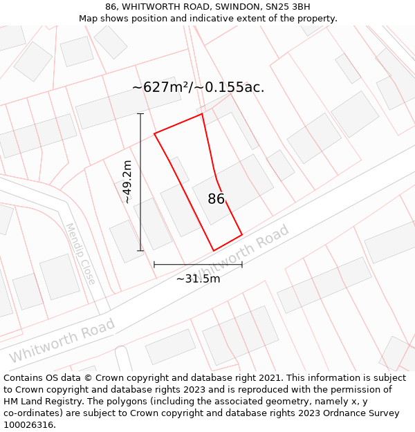 86, WHITWORTH ROAD, SWINDON, SN25 3BH: Plot and title map