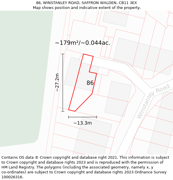 86, WINSTANLEY ROAD, SAFFRON WALDEN, CB11 3EX: Plot and title map