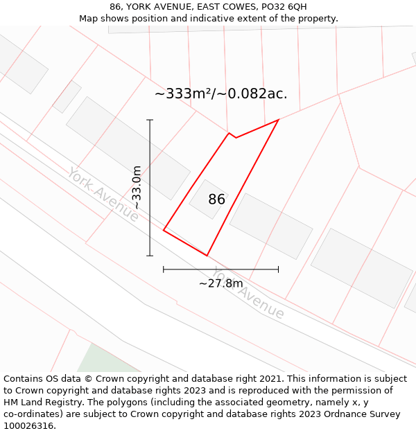 86, YORK AVENUE, EAST COWES, PO32 6QH: Plot and title map