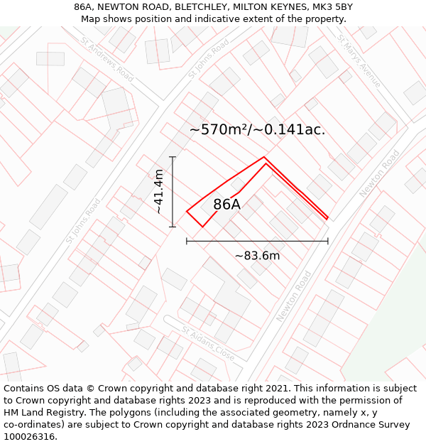 86A, NEWTON ROAD, BLETCHLEY, MILTON KEYNES, MK3 5BY: Plot and title map