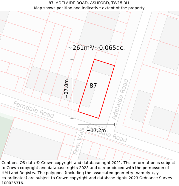 87, ADELAIDE ROAD, ASHFORD, TW15 3LL: Plot and title map