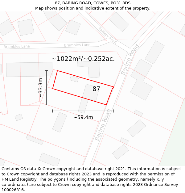 87, BARING ROAD, COWES, PO31 8DS: Plot and title map