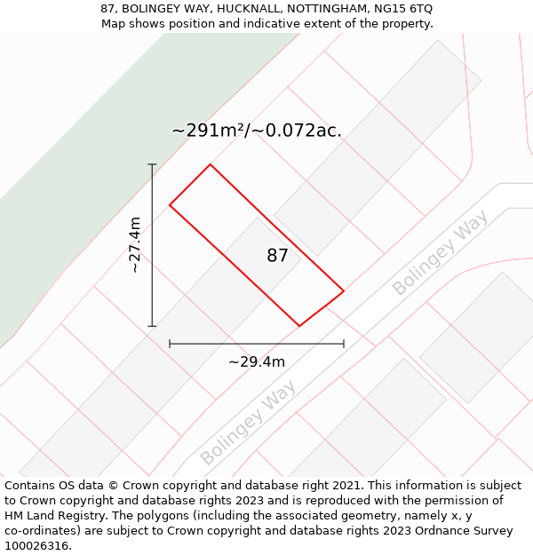 87, BOLINGEY WAY, HUCKNALL, NOTTINGHAM, NG15 6TQ: Plot and title map