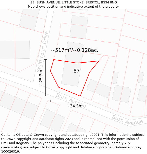 87, BUSH AVENUE, LITTLE STOKE, BRISTOL, BS34 8NG: Plot and title map