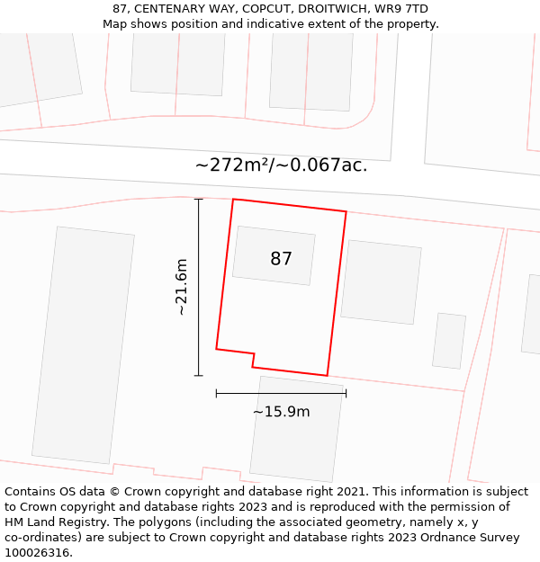 87, CENTENARY WAY, COPCUT, DROITWICH, WR9 7TD: Plot and title map