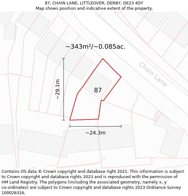 87, CHAIN LANE, LITTLEOVER, DERBY, DE23 4DY: Plot and title map