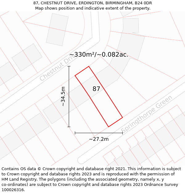 87, CHESTNUT DRIVE, ERDINGTON, BIRMINGHAM, B24 0DR: Plot and title map