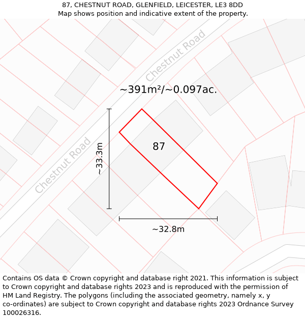 87, CHESTNUT ROAD, GLENFIELD, LEICESTER, LE3 8DD: Plot and title map