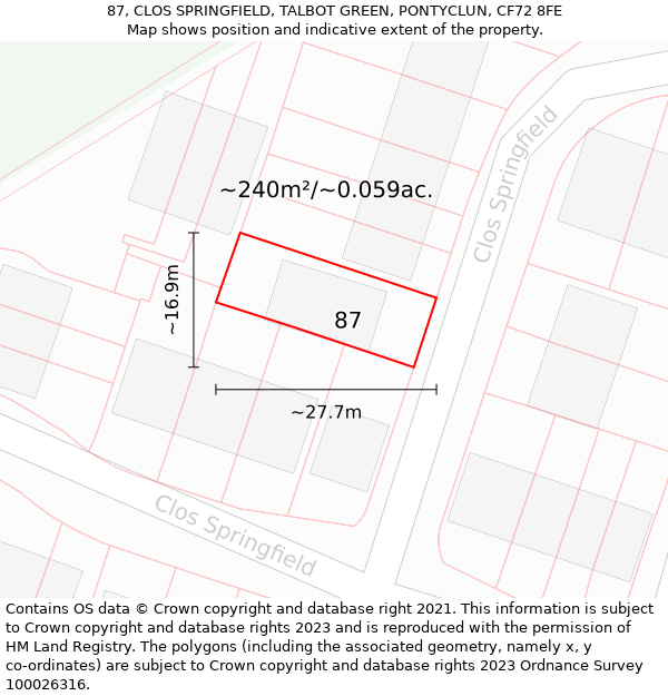 87, CLOS SPRINGFIELD, TALBOT GREEN, PONTYCLUN, CF72 8FE: Plot and title map