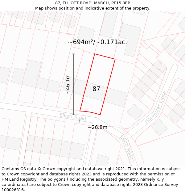 87, ELLIOTT ROAD, MARCH, PE15 8BP: Plot and title map