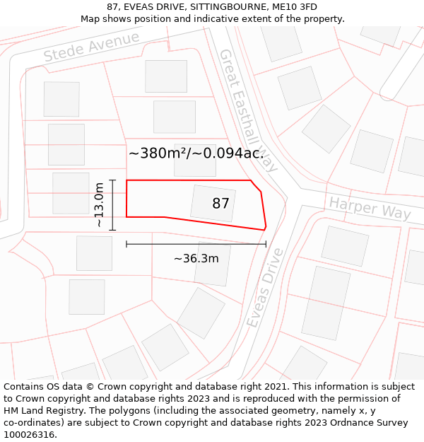 87, EVEAS DRIVE, SITTINGBOURNE, ME10 3FD: Plot and title map