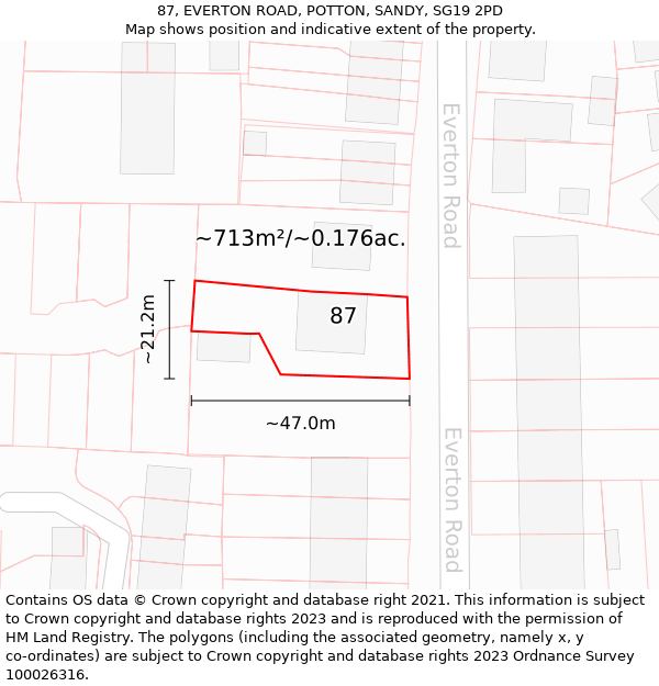 87, EVERTON ROAD, POTTON, SANDY, SG19 2PD: Plot and title map