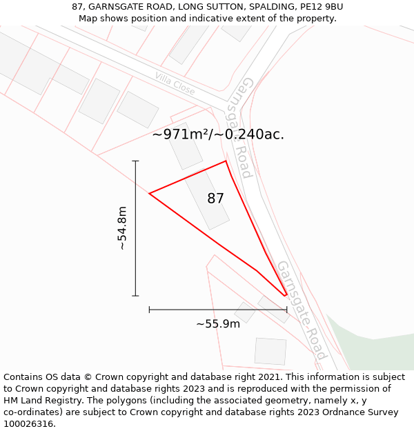 87, GARNSGATE ROAD, LONG SUTTON, SPALDING, PE12 9BU: Plot and title map