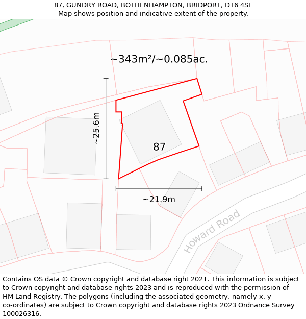 87, GUNDRY ROAD, BOTHENHAMPTON, BRIDPORT, DT6 4SE: Plot and title map