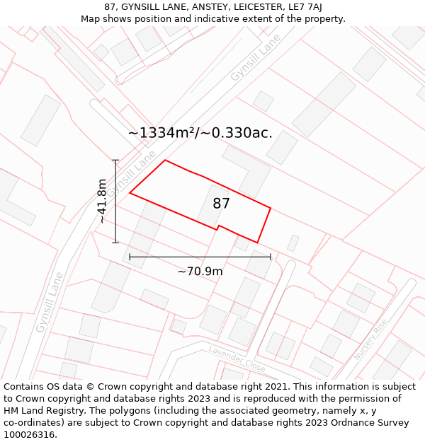 87, GYNSILL LANE, ANSTEY, LEICESTER, LE7 7AJ: Plot and title map