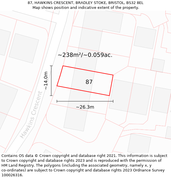 87, HAWKINS CRESCENT, BRADLEY STOKE, BRISTOL, BS32 8EL: Plot and title map