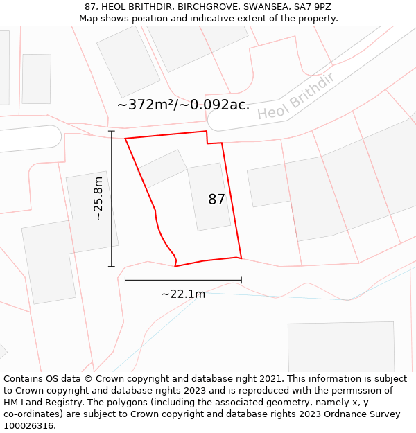 87, HEOL BRITHDIR, BIRCHGROVE, SWANSEA, SA7 9PZ: Plot and title map