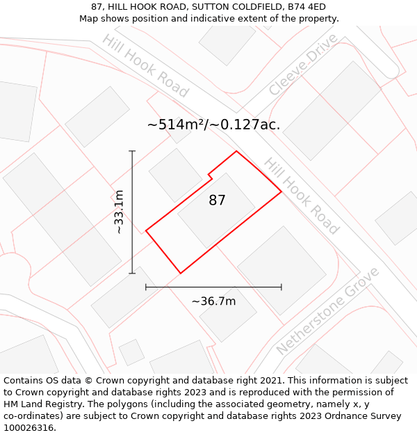 87, HILL HOOK ROAD, SUTTON COLDFIELD, B74 4ED: Plot and title map