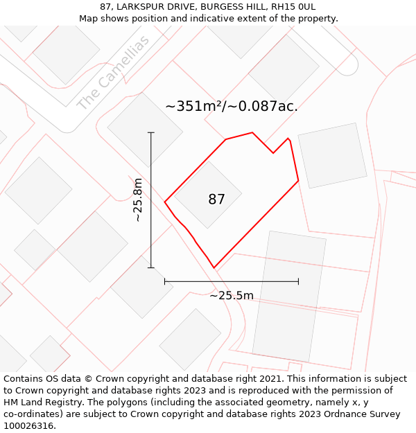 87, LARKSPUR DRIVE, BURGESS HILL, RH15 0UL: Plot and title map