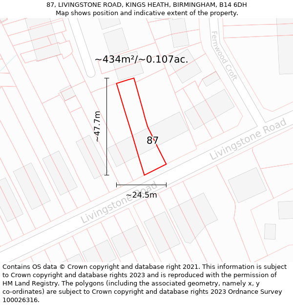 87, LIVINGSTONE ROAD, KINGS HEATH, BIRMINGHAM, B14 6DH: Plot and title map