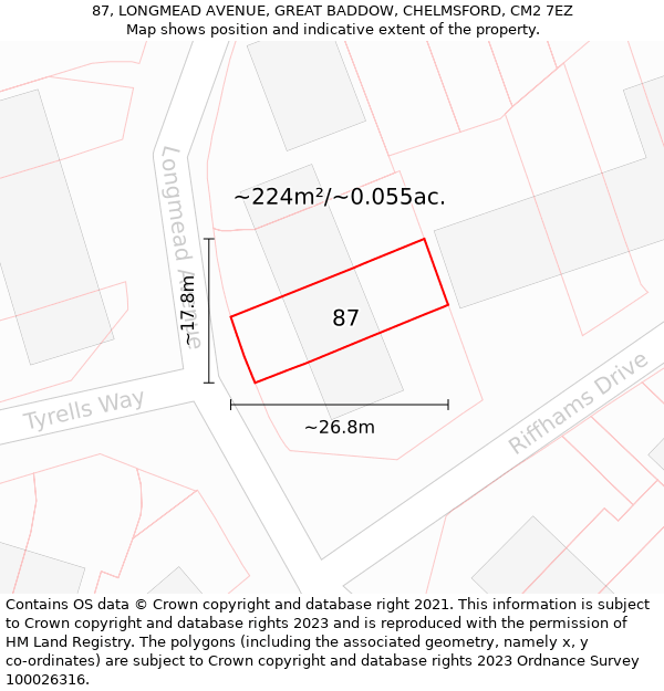 87, LONGMEAD AVENUE, GREAT BADDOW, CHELMSFORD, CM2 7EZ: Plot and title map