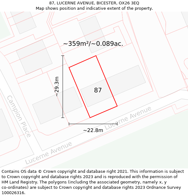 87, LUCERNE AVENUE, BICESTER, OX26 3EQ: Plot and title map