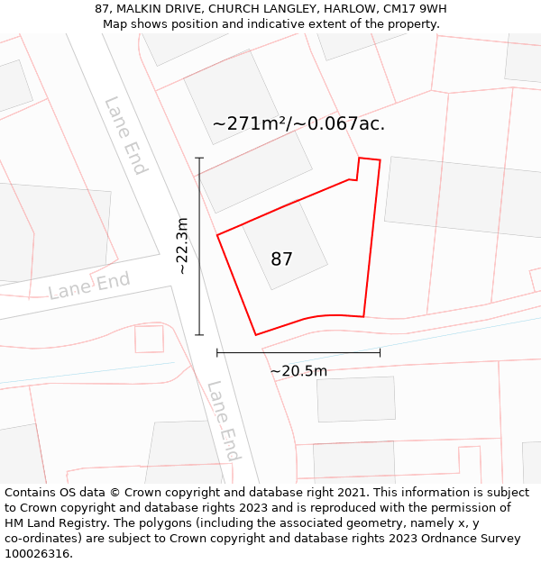 87, MALKIN DRIVE, CHURCH LANGLEY, HARLOW, CM17 9WH: Plot and title map