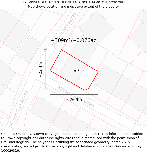 87, MISSENDEN ACRES, HEDGE END, SOUTHAMPTON, SO30 2RD: Plot and title map