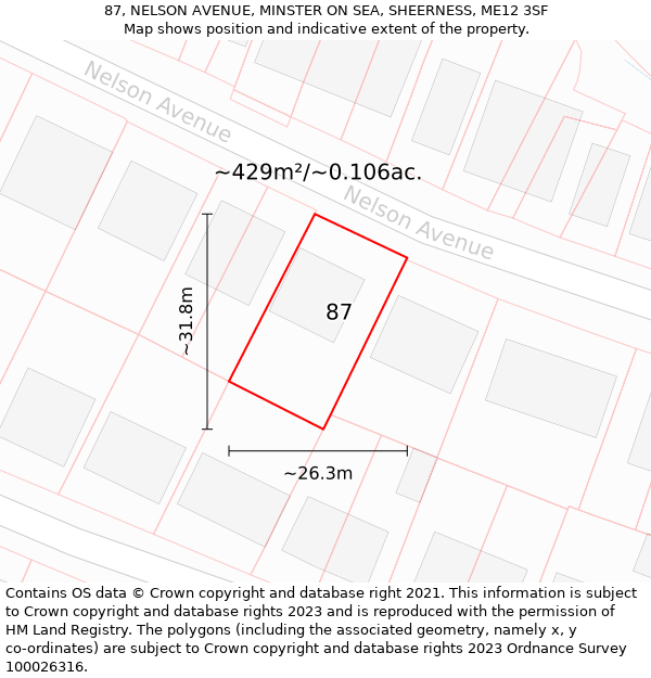 87, NELSON AVENUE, MINSTER ON SEA, SHEERNESS, ME12 3SF: Plot and title map