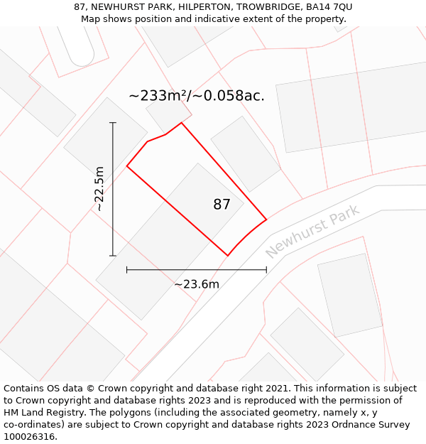 87, NEWHURST PARK, HILPERTON, TROWBRIDGE, BA14 7QU: Plot and title map