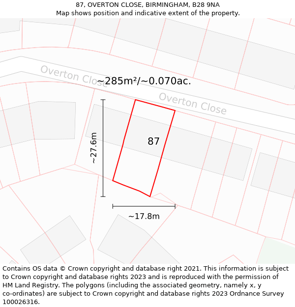 87, OVERTON CLOSE, BIRMINGHAM, B28 9NA: Plot and title map