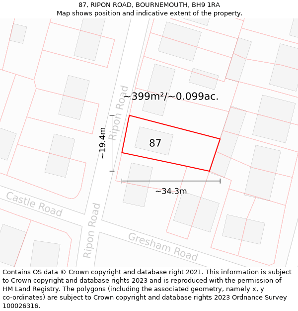 87, RIPON ROAD, BOURNEMOUTH, BH9 1RA: Plot and title map