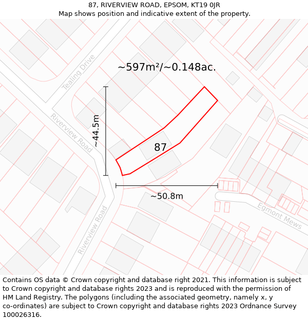 87, RIVERVIEW ROAD, EPSOM, KT19 0JR: Plot and title map