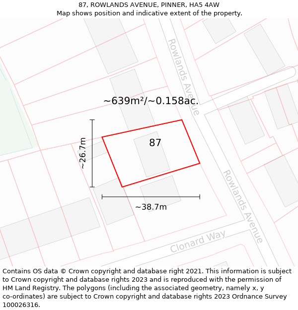 87, ROWLANDS AVENUE, PINNER, HA5 4AW: Plot and title map