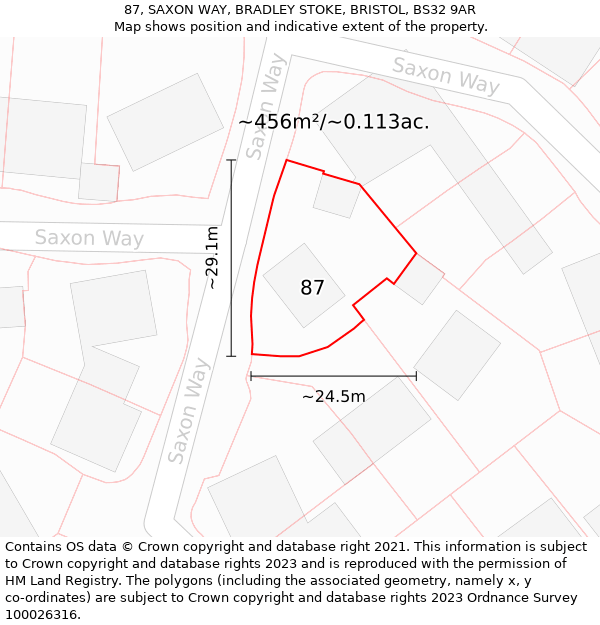 87, SAXON WAY, BRADLEY STOKE, BRISTOL, BS32 9AR: Plot and title map