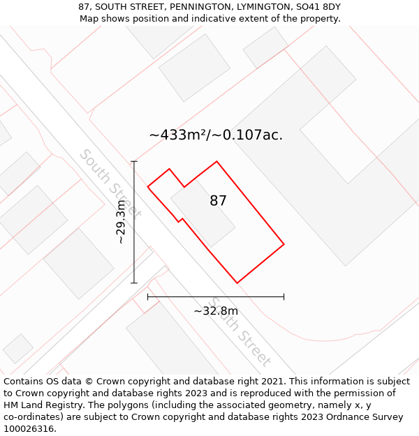 87, SOUTH STREET, PENNINGTON, LYMINGTON, SO41 8DY: Plot and title map