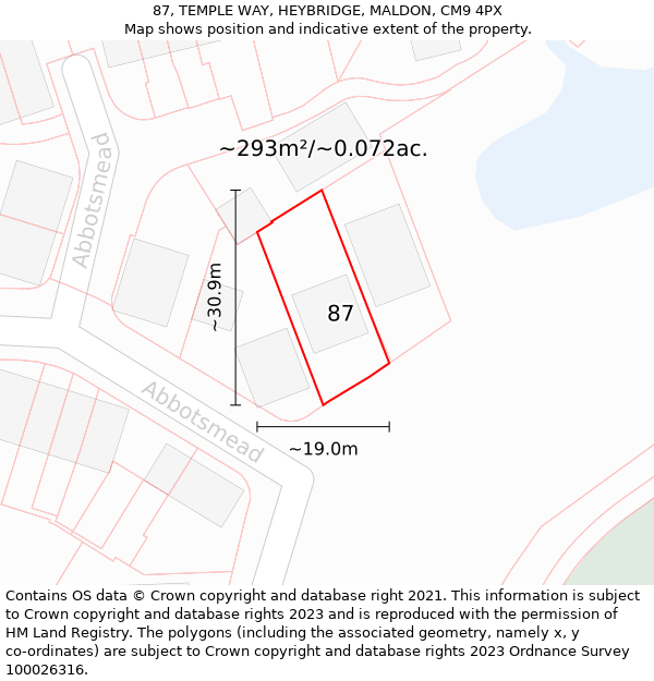 87, TEMPLE WAY, HEYBRIDGE, MALDON, CM9 4PX: Plot and title map