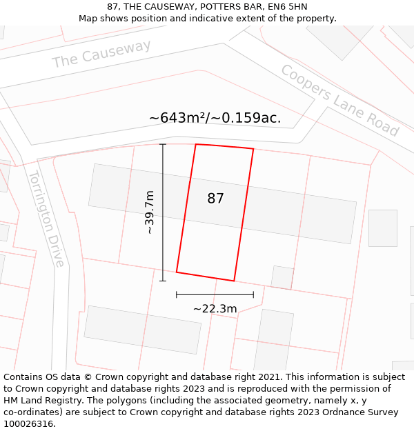 87, THE CAUSEWAY, POTTERS BAR, EN6 5HN: Plot and title map