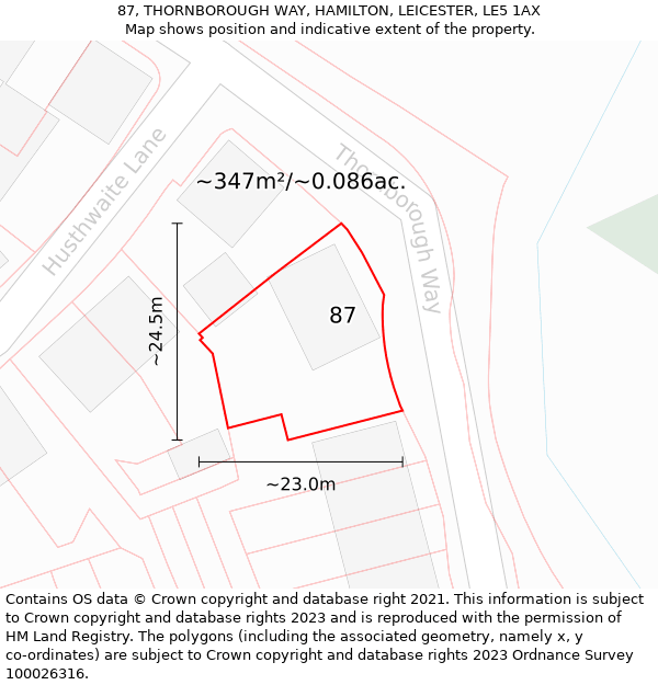 87, THORNBOROUGH WAY, HAMILTON, LEICESTER, LE5 1AX: Plot and title map
