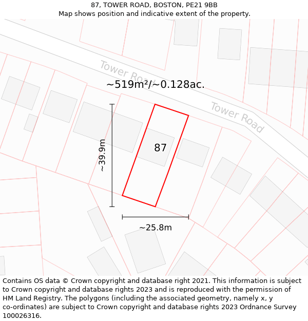 87, TOWER ROAD, BOSTON, PE21 9BB: Plot and title map