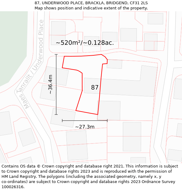 87, UNDERWOOD PLACE, BRACKLA, BRIDGEND, CF31 2LS: Plot and title map