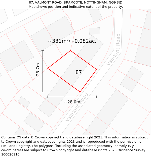 87, VALMONT ROAD, BRAMCOTE, NOTTINGHAM, NG9 3JD: Plot and title map