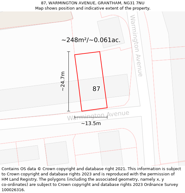 87, WARMINGTON AVENUE, GRANTHAM, NG31 7NU: Plot and title map