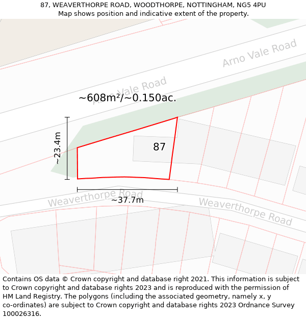 87, WEAVERTHORPE ROAD, WOODTHORPE, NOTTINGHAM, NG5 4PU: Plot and title map