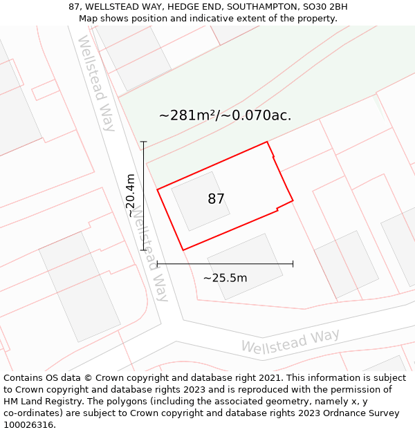 87, WELLSTEAD WAY, HEDGE END, SOUTHAMPTON, SO30 2BH: Plot and title map