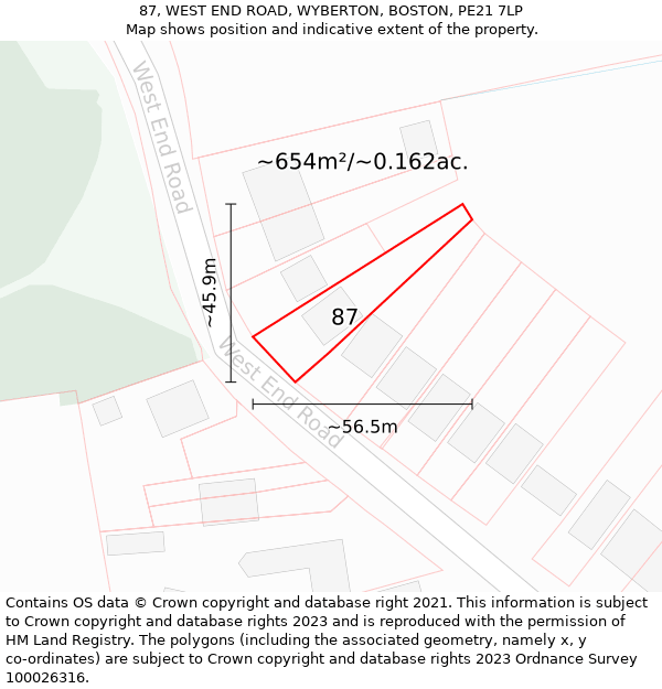 87, WEST END ROAD, WYBERTON, BOSTON, PE21 7LP: Plot and title map