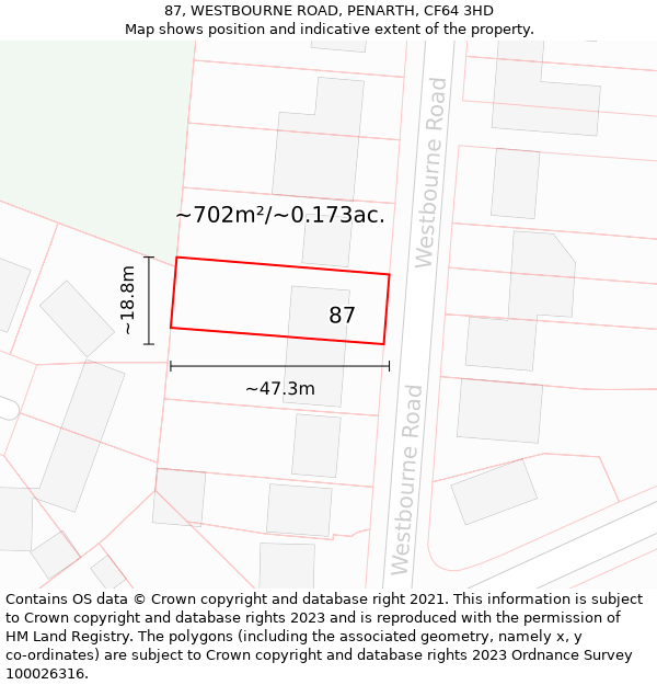 87, WESTBOURNE ROAD, PENARTH, CF64 3HD: Plot and title map