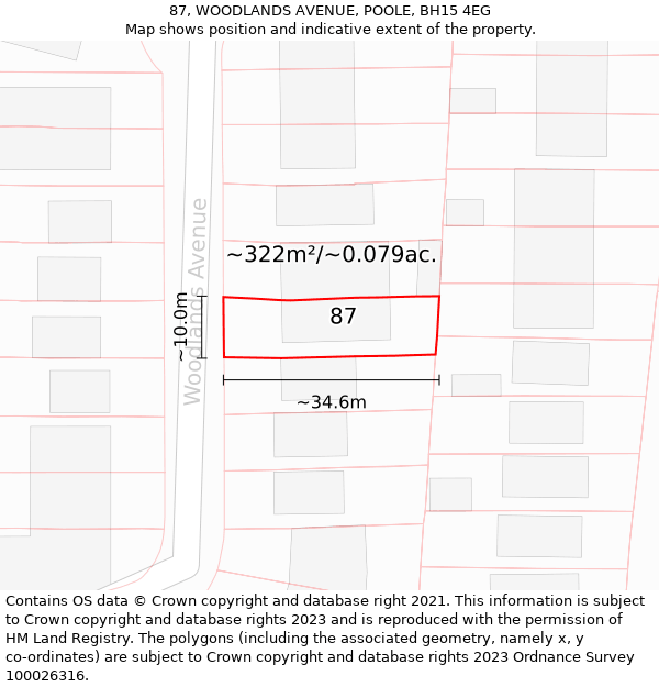 87, WOODLANDS AVENUE, POOLE, BH15 4EG: Plot and title map